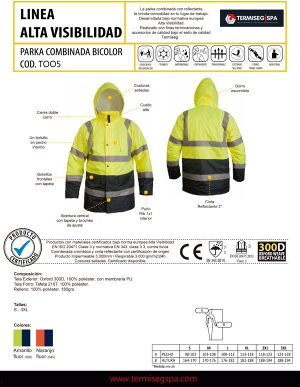 Parka térmica alta visibilidad bicolor Naranja Flúor - Imagen 2